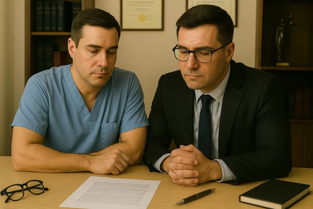 Două persoane discutând despre termeni si conditii privind cursul de malpraxis.